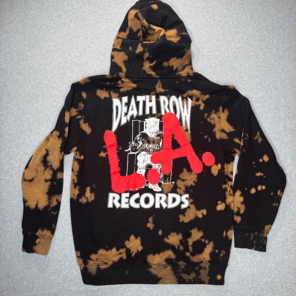 Death Row Records Hoodie Mens Large Black Orange Bleach Wash LA Graphic Pullover